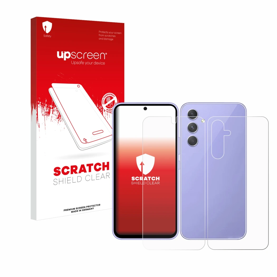 Parte frontal de un envase de producto con el logotipo de la marca upscreen. Al lado se muestra el dispositivo Samsung Galaxy 