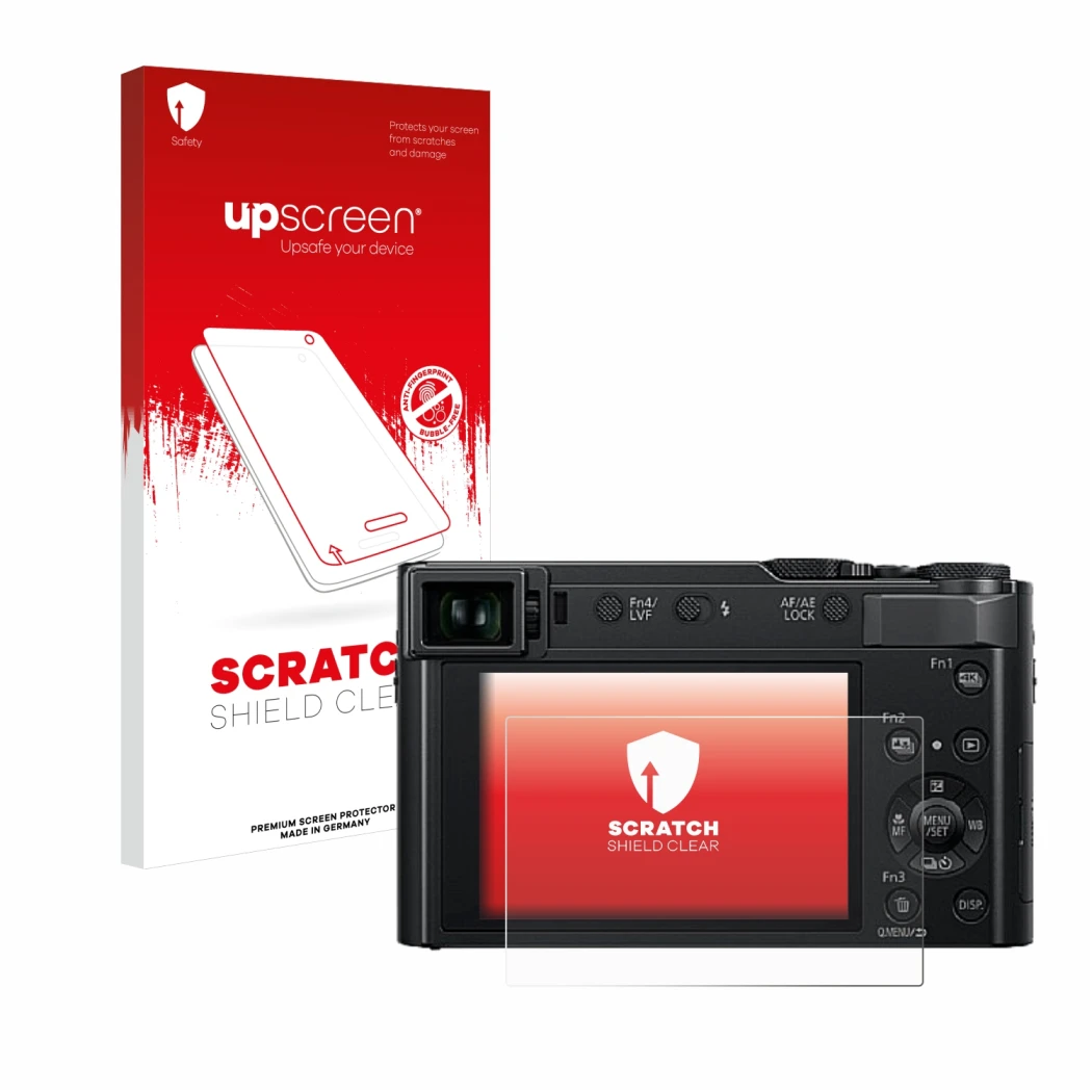 Parte frontal de un envase de producto con el logotipo de la marca upscreen. Al lado se muestra el dispositivo Panasonic Lumix