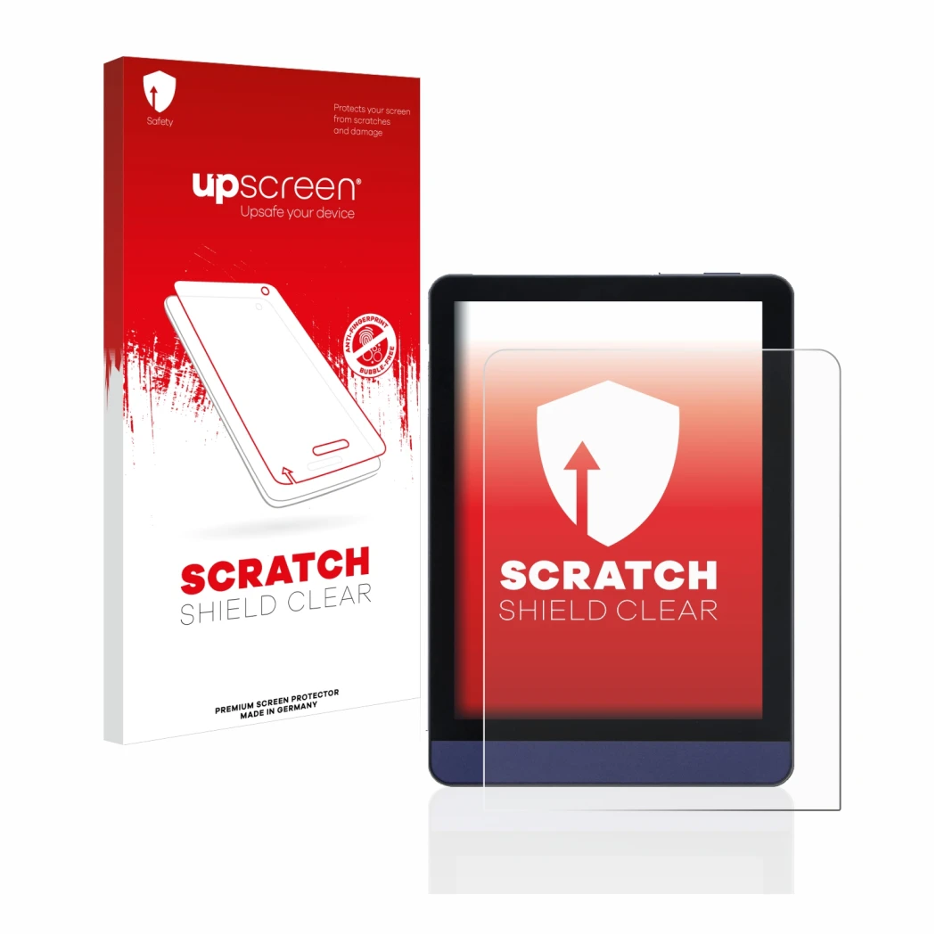 Parte frontal de un envase de producto con el logotipo de la marca upscreen. Al lado se muestra el dispositivo Meebook M6 6