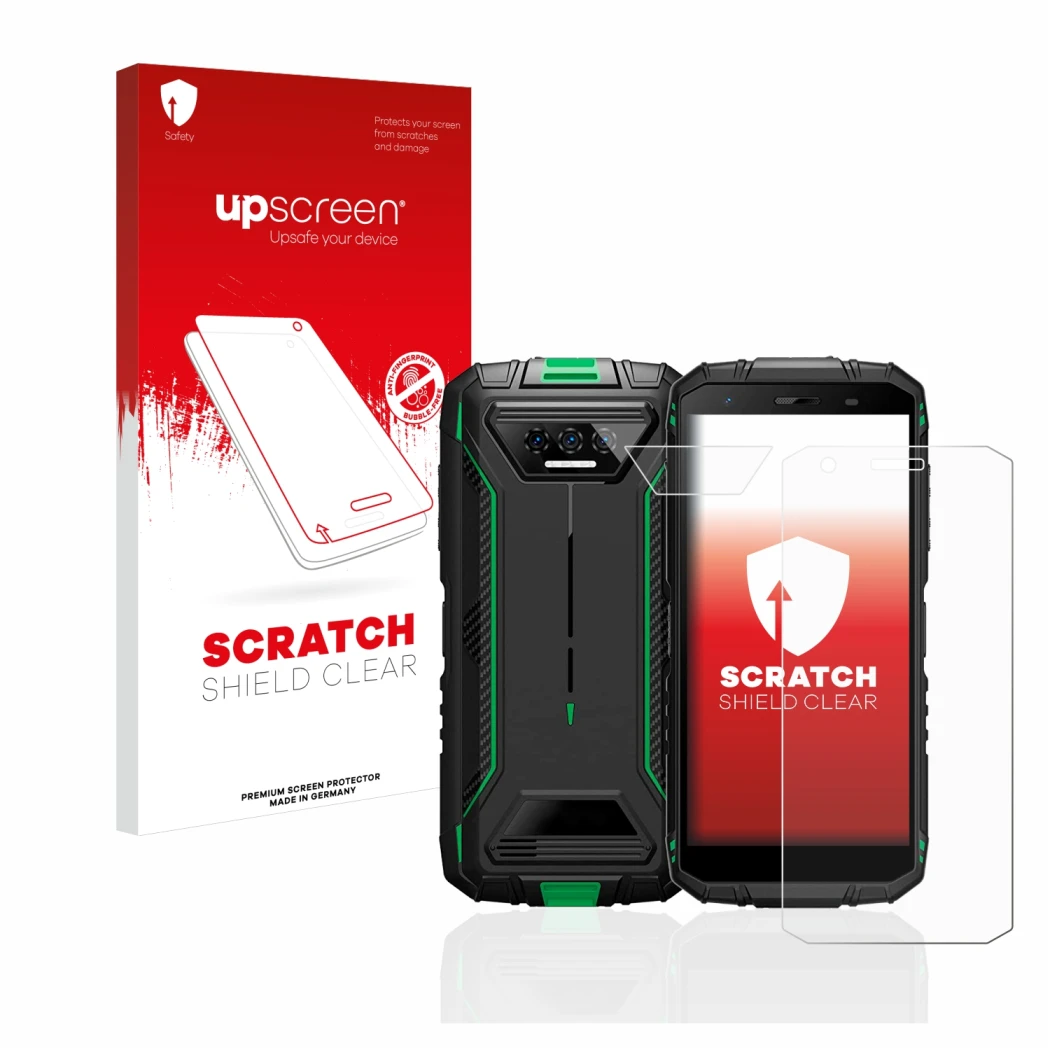 Parte frontal de un envase de producto con el logotipo de la marca upscreen. Al lado se muestra el dispositivo Doogee S41 Pro