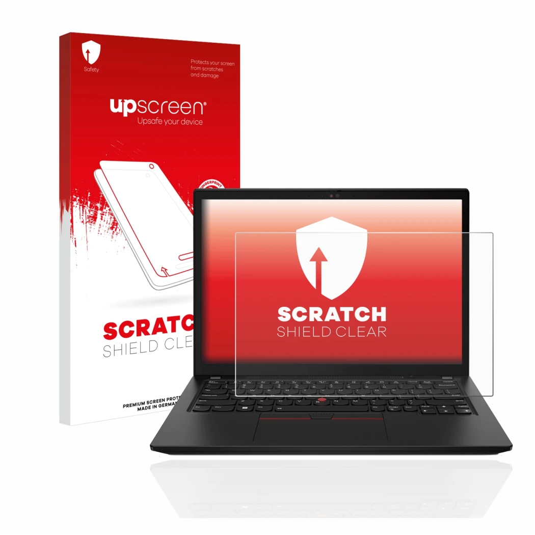 Parte frontal de un envase de producto con el logotipo de la marca upscreen. Al lado se muestra el dispositivo Lenovo ThinkPad