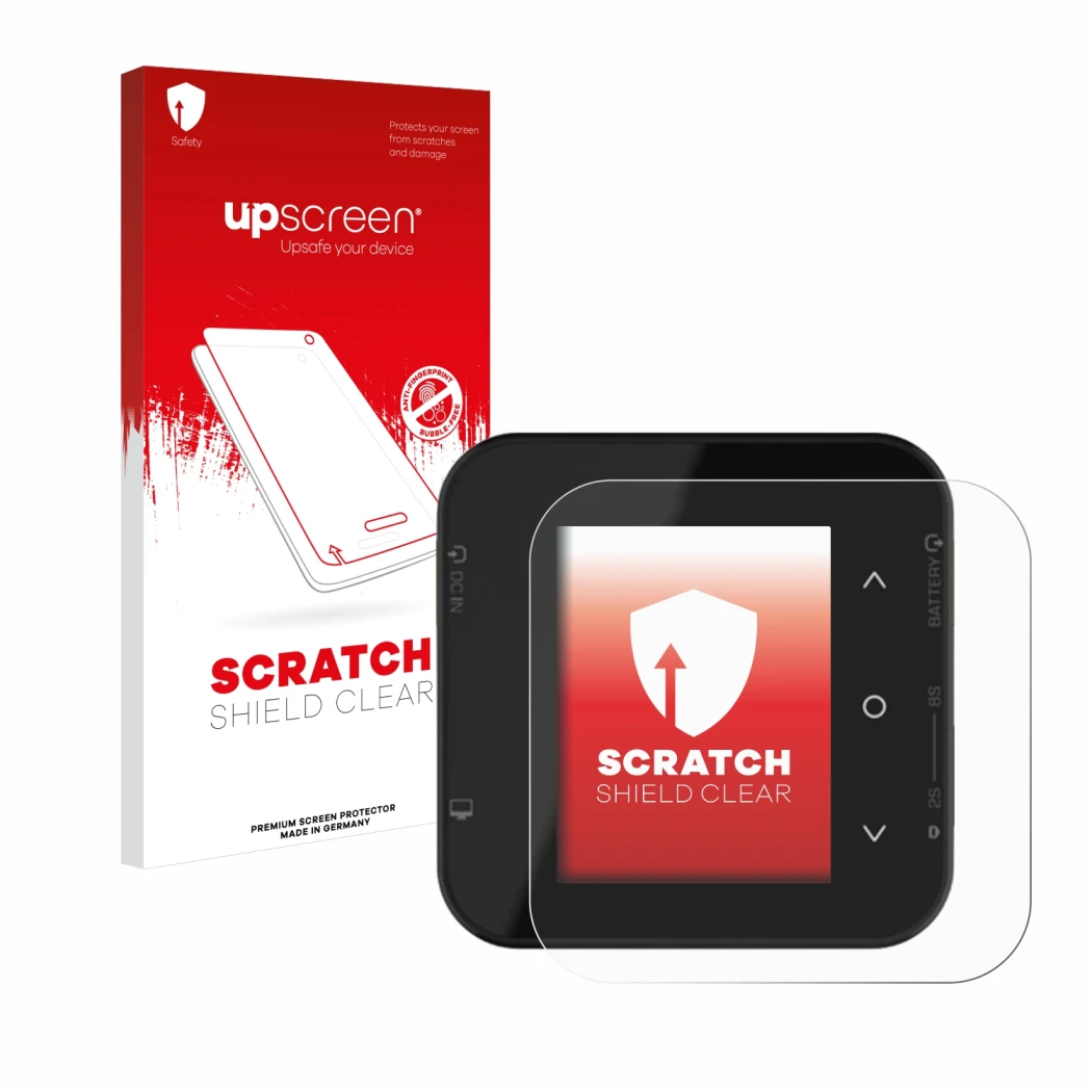 Parte frontal de un envase de producto con el logotipo de la marca upscreen. Al lado se muestra el dispositivo ISDT Air8 con s