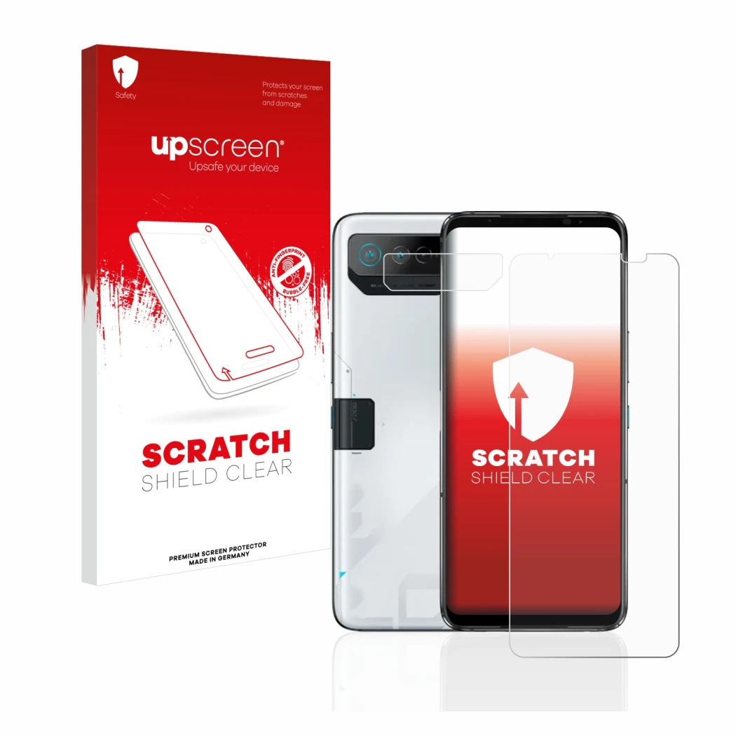 Parte frontal de un envase de producto con el logotipo de la marca upscreen. Al lado se muestra el dispositivo ASUS ROG Phone 