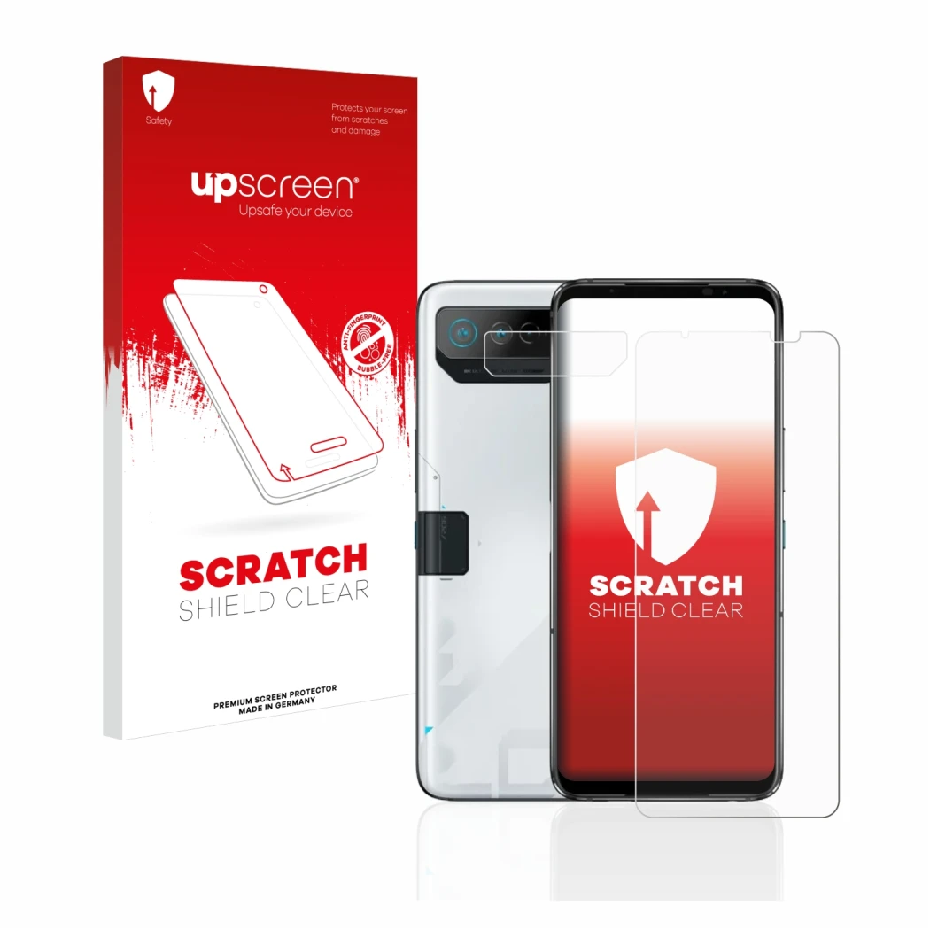 Parte frontal de un envase de producto con el logotipo de la marca upscreen. Al lado se muestra el dispositivo ASUS ROG Phone