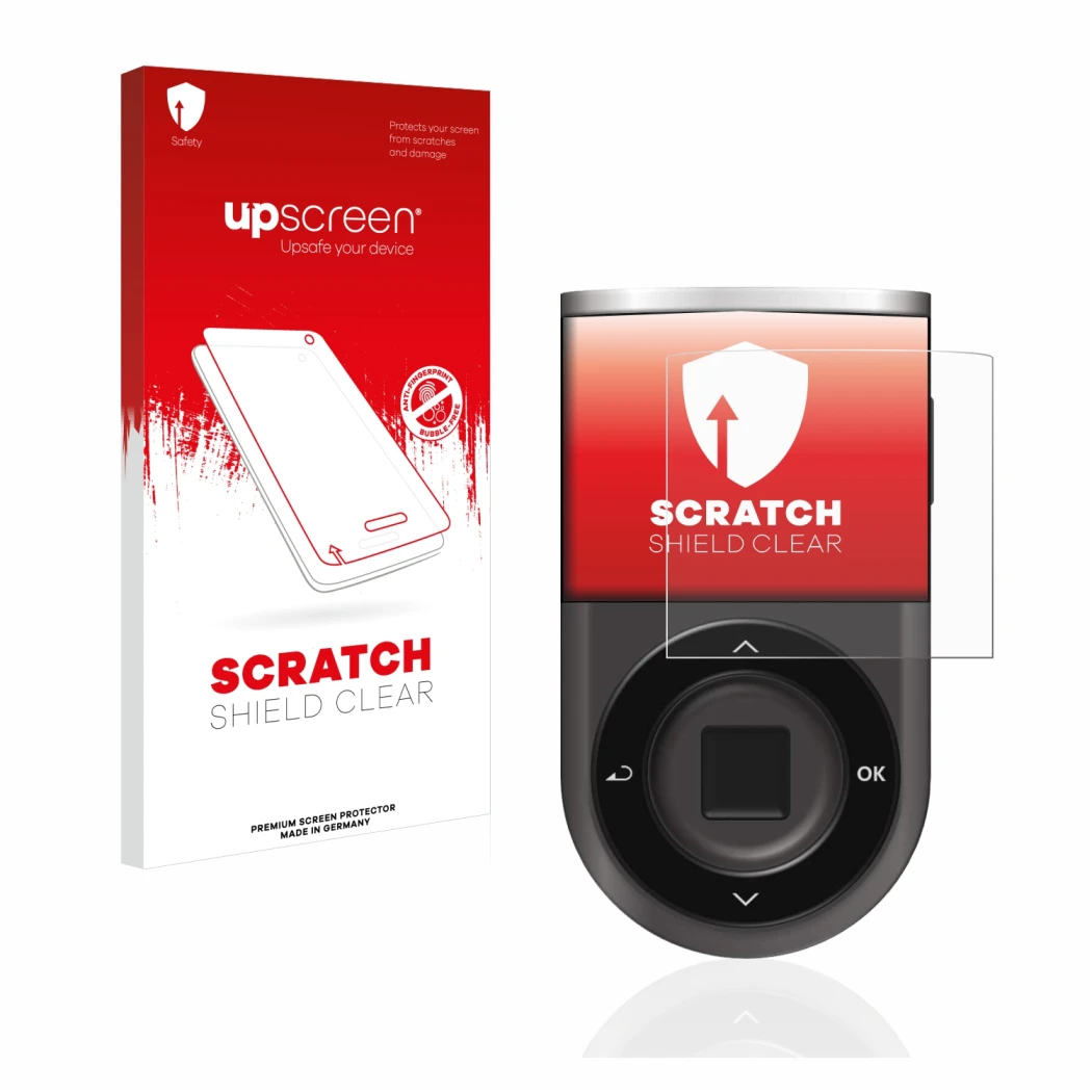 Parte frontal de un envase de producto con el logotipo de la marca upscreen. Al lado se muestra el dispositivo D’CENT Biometri