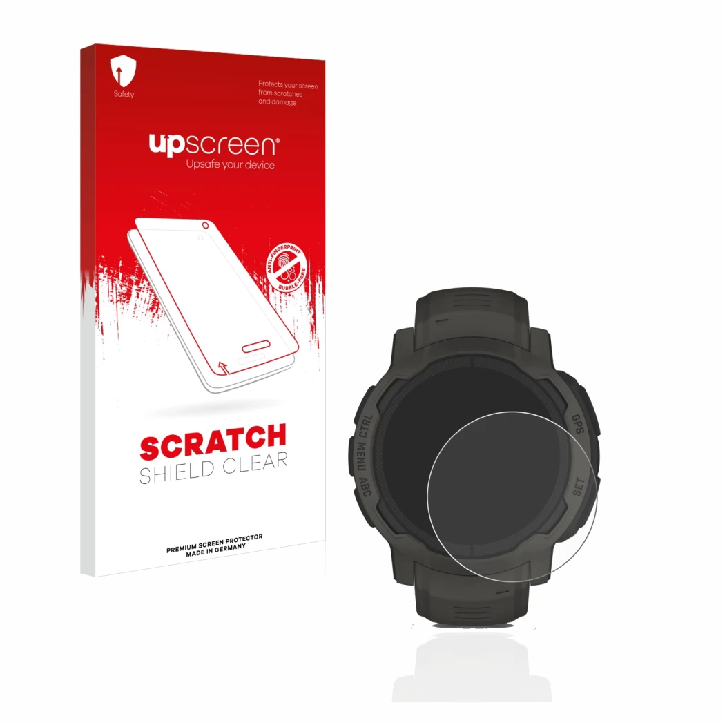Parte frontal de un envase de producto con el logotipo de la marca upscreen. Al lado se muestra el dispositivo Garmin Instinct