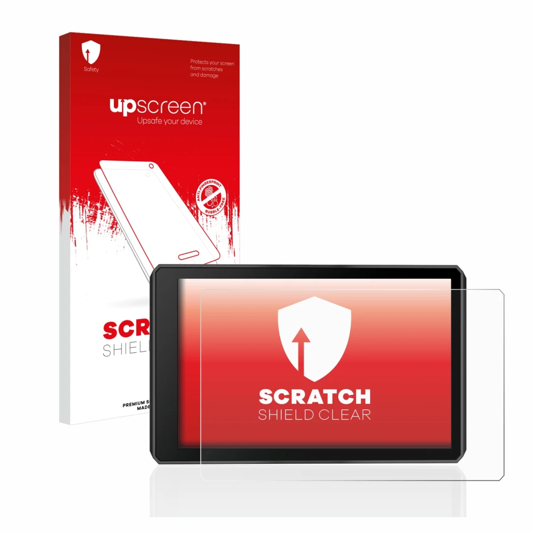 Parte frontal de un envase de producto con el logotipo de la marca upscreen. Al lado se muestra el dispositivo Garmin zumo XT2