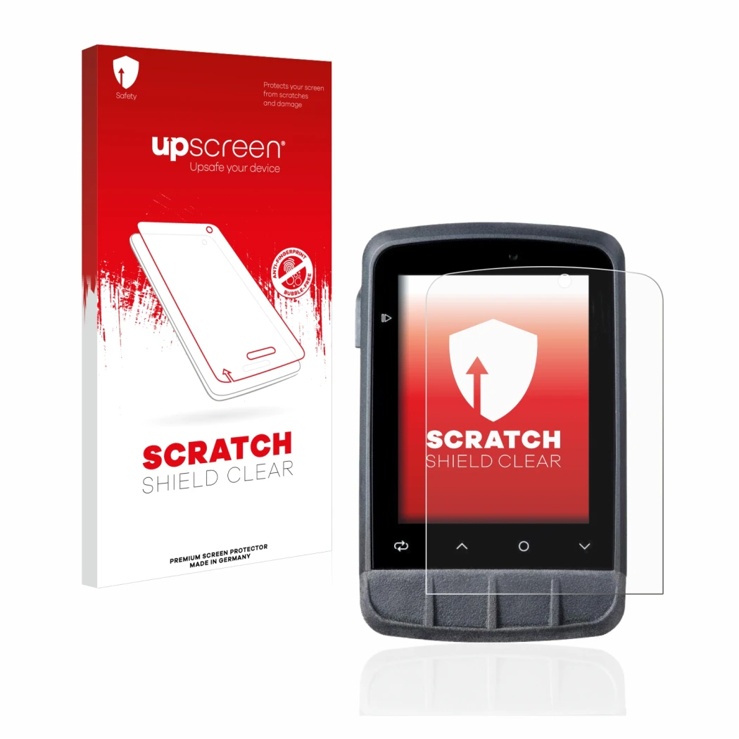 Parte frontal de un envase de producto con el logotipo de la marca upscreen. Al lado se muestra el dispositivo Giant Dash L200