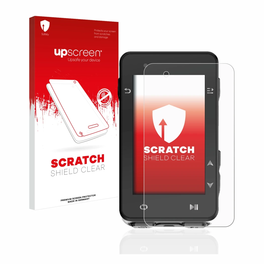 Parte frontal de un envase de producto con el logotipo de la marca upscreen. Al lado se muestra el dispositivo iGPSPORT iGS630