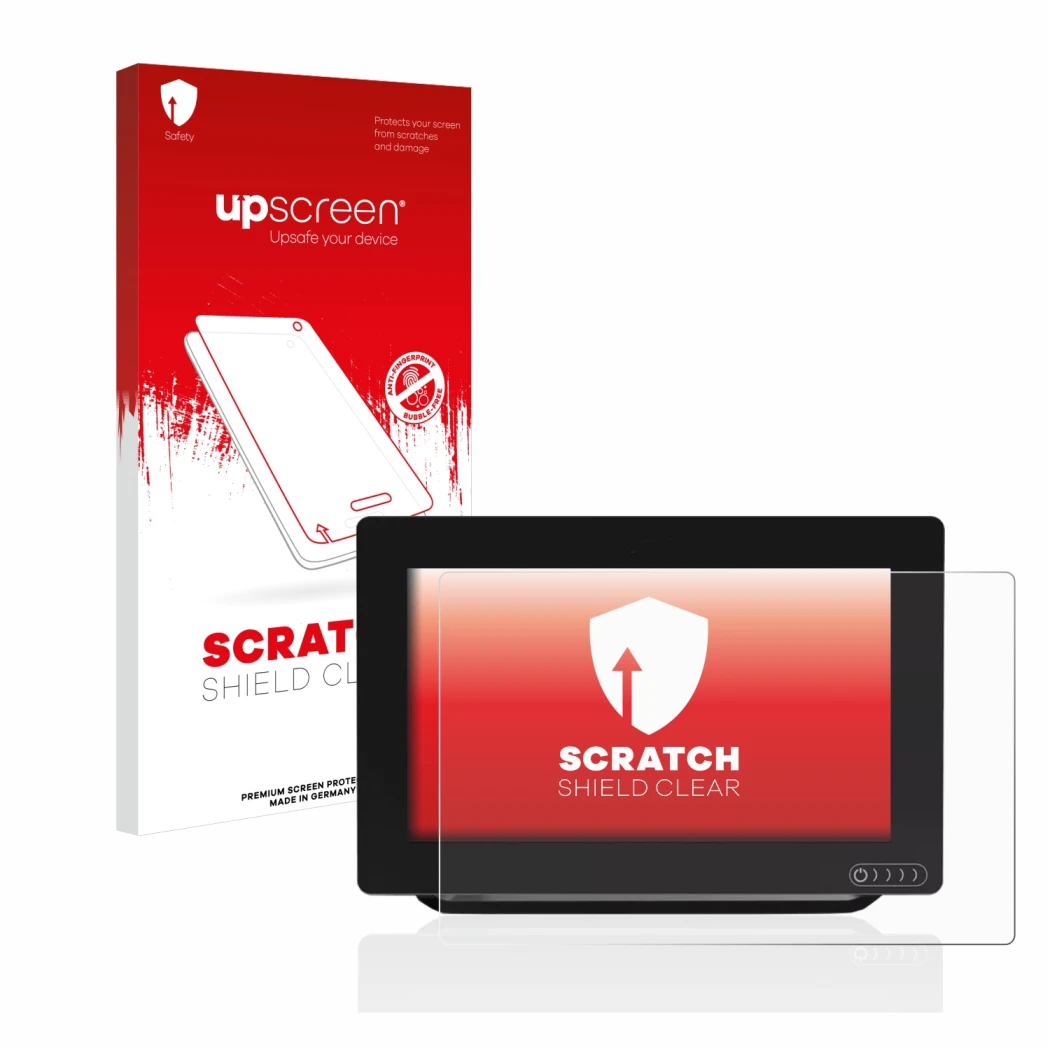 Parte frontal de un envase de producto con el logotipo de la marca upscreen. Al lado se muestra el dispositivo Raymarine Axiom