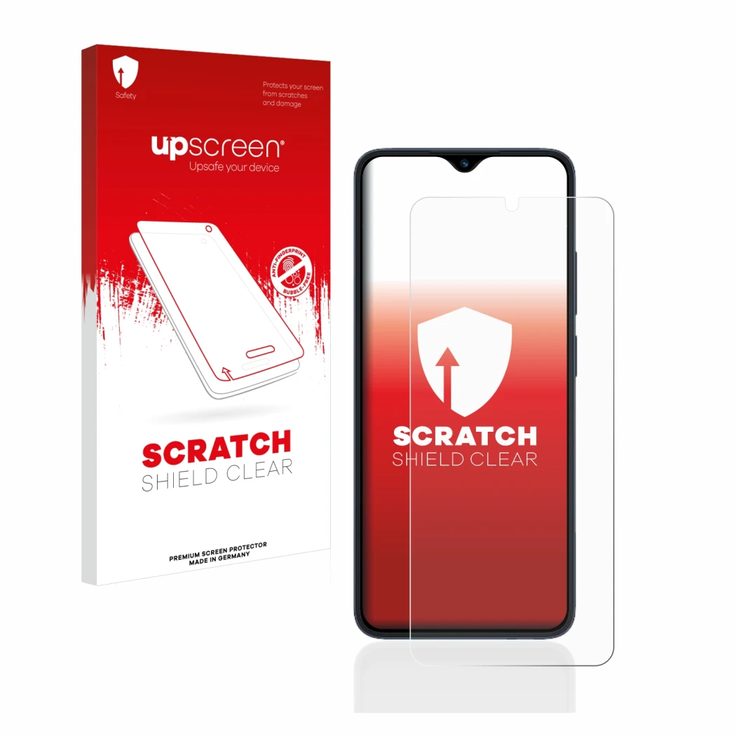 Parte frontal de un envase de producto con el logotipo de la marca upscreen. Al lado se muestra el dispositivo Xiaomi Redmi 12