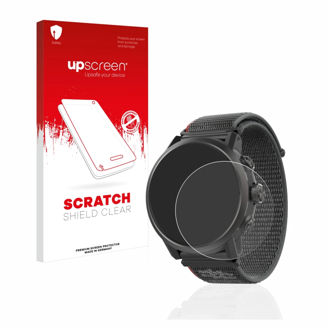 Parte frontal de un envase de producto con el logotipo de la marca upscreen. Al lado se muestra el dispositivo Coros Apex 2 co