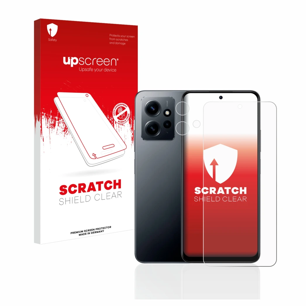 Parte frontal de un envase de producto con el logotipo de la marca upscreen. Al lado se muestra el dispositivo Xiaomi Redmi No