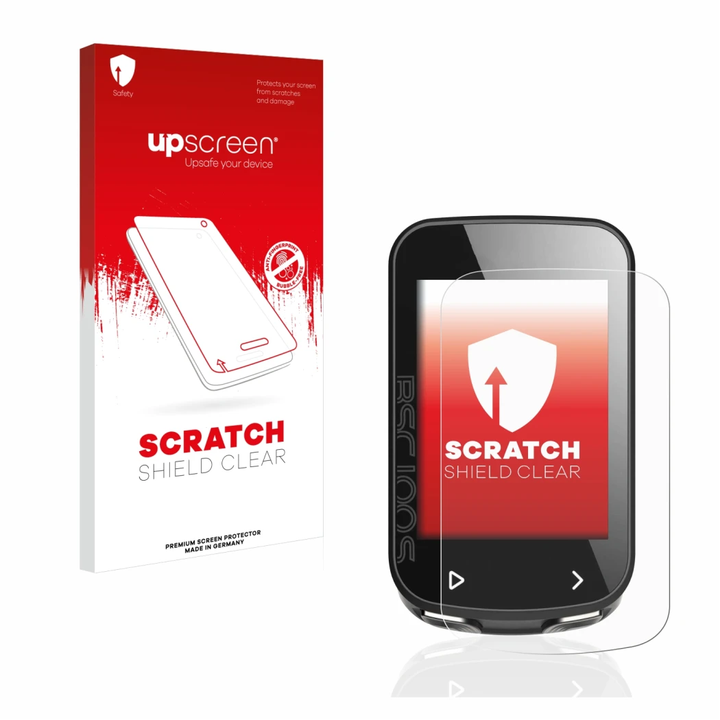 Parte frontal de un envase de producto con el logotipo de la marca upscreen. Al lado se muestra el dispositivo iGPSPORT BSC100