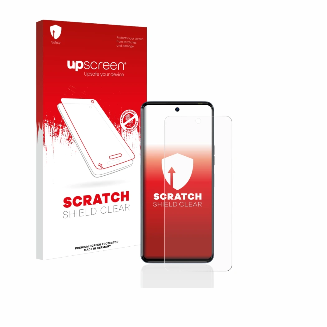 Parte frontal de un envase de producto con el logotipo de la marca upscreen. Al lado se muestra el dispositivo Tecno Camon 20