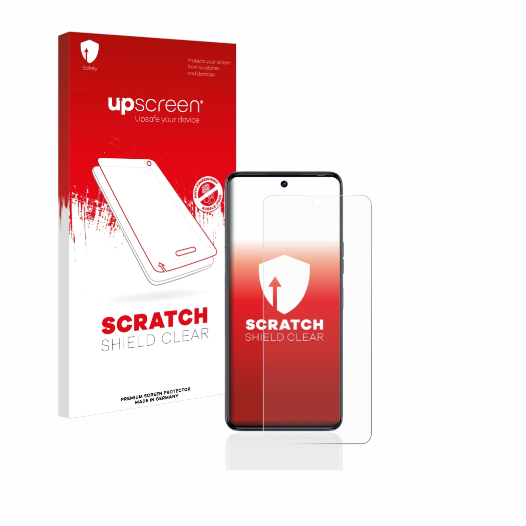 Parte frontal de un envase de producto con el logotipo de la marca upscreen. Al lado se muestra el dispositivo Tecno Camon 20