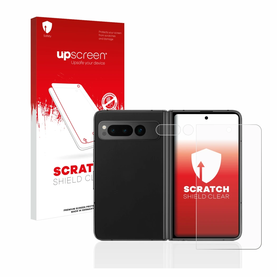 Parte frontal de un envase de producto con el logotipo de la marca upscreen. Al lado se muestra el dispositivo Google Pixel Fo