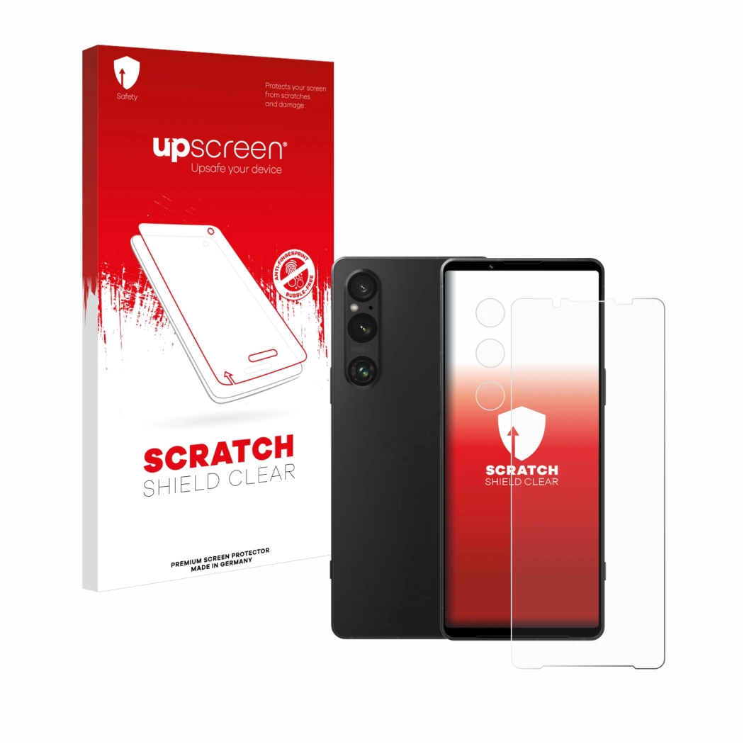 Parte frontal de un envase de producto con el logotipo de la marca upscreen. Al lado se muestra el dispositivo Sony Xperia 1 V