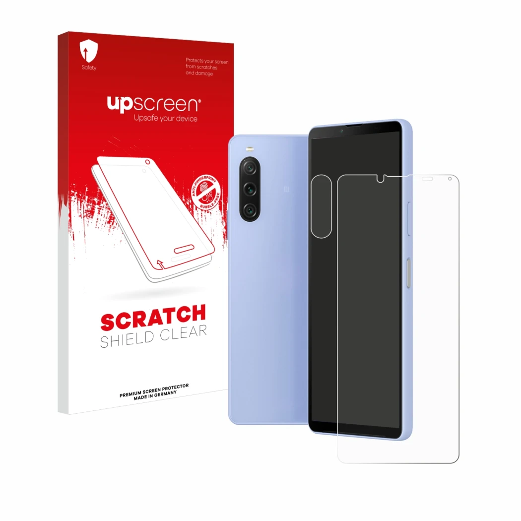 Parte frontal de un envase de producto con el logotipo de la marca upscreen. Al lado se muestra el dispositivo Sony Xperia 10