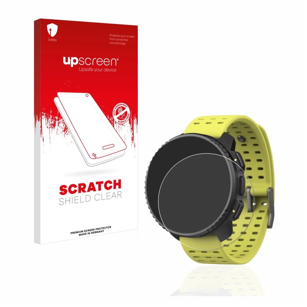 Parte frontal de un envase de producto con el logotipo de la marca upscreen. Al lado se muestra el dispositivo Suunto Vertical