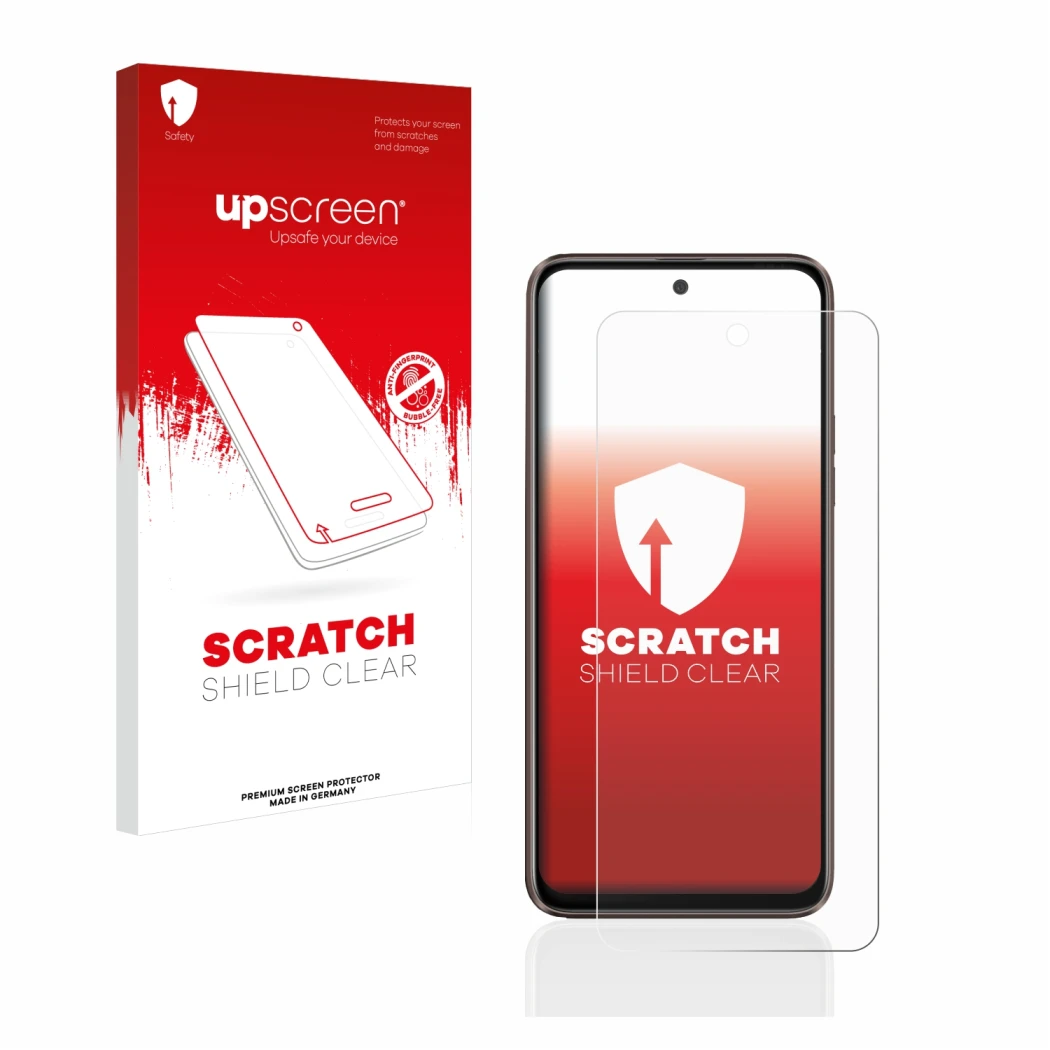 Parte frontal de un envase de producto con el logotipo de la marca upscreen. Al lado se muestra el dispositivo HTC U23 Pro con