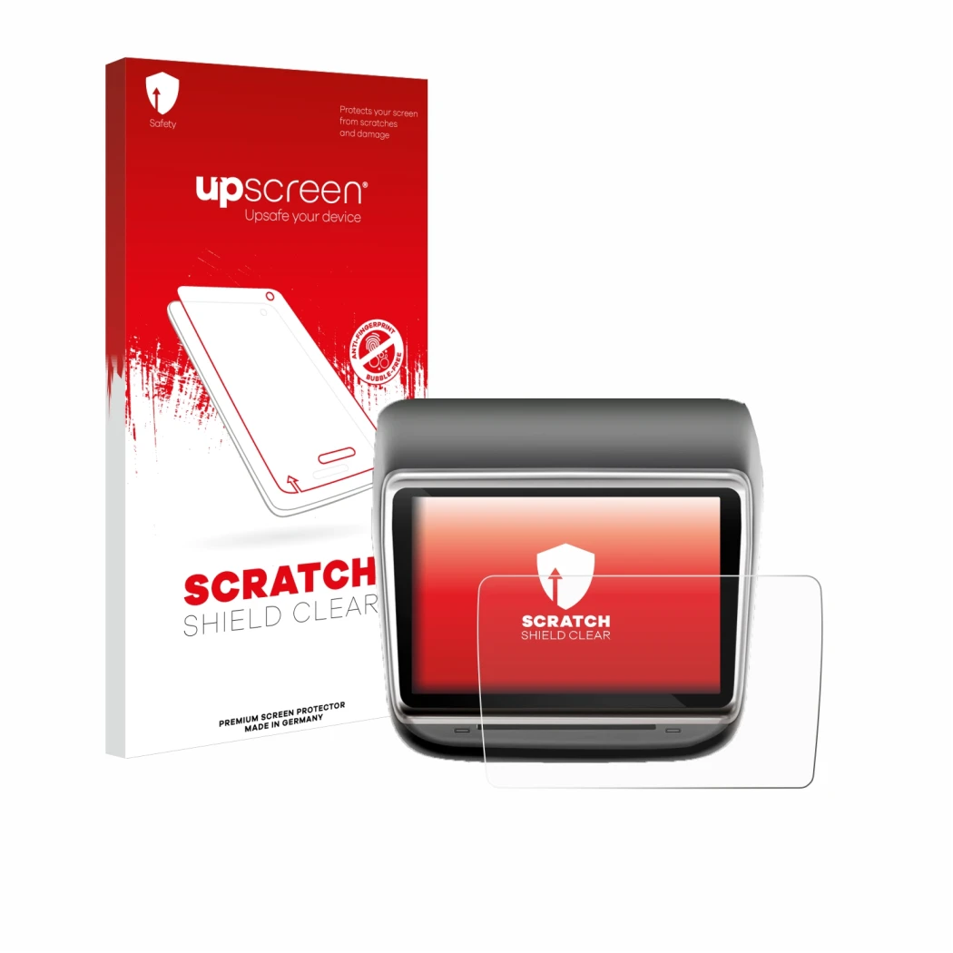 Parte frontal de un envase de producto con el logotipo de la marca upscreen. Al lado se muestra el dispositivo Tesla Model Y I