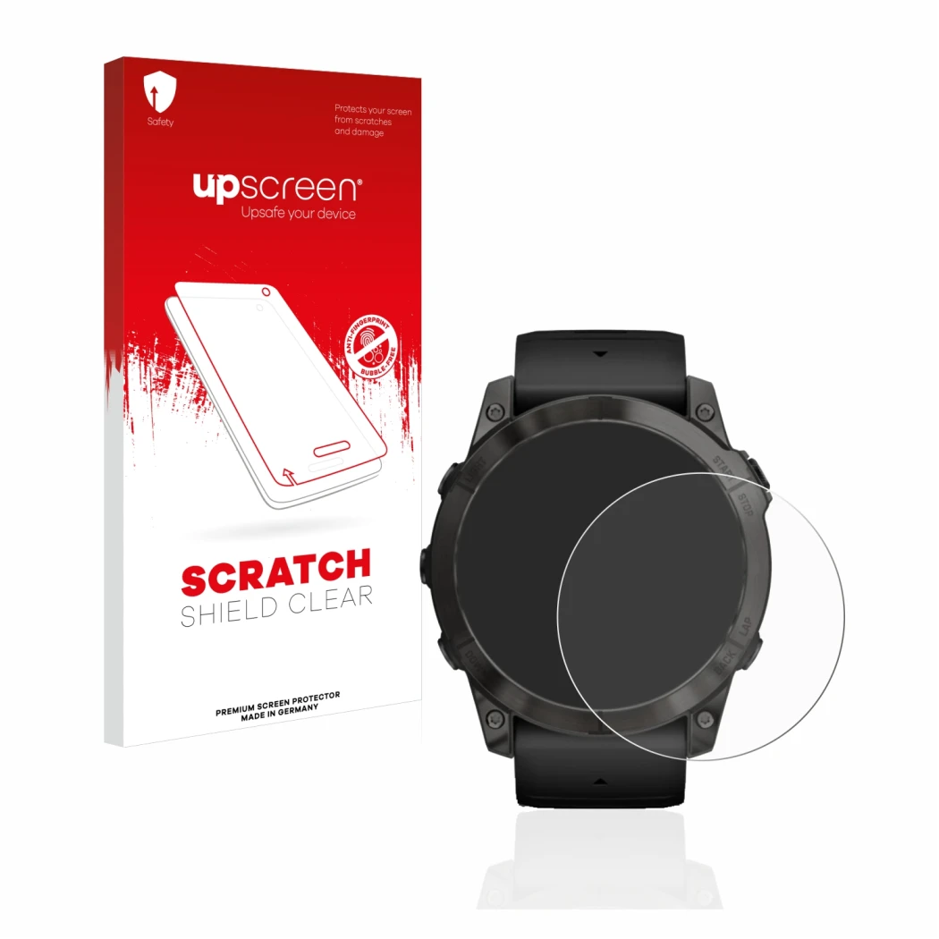 Parte frontal de un envase de producto con el logotipo de la marca upscreen. Al lado se muestra el dispositivo Garmin Epix Pro