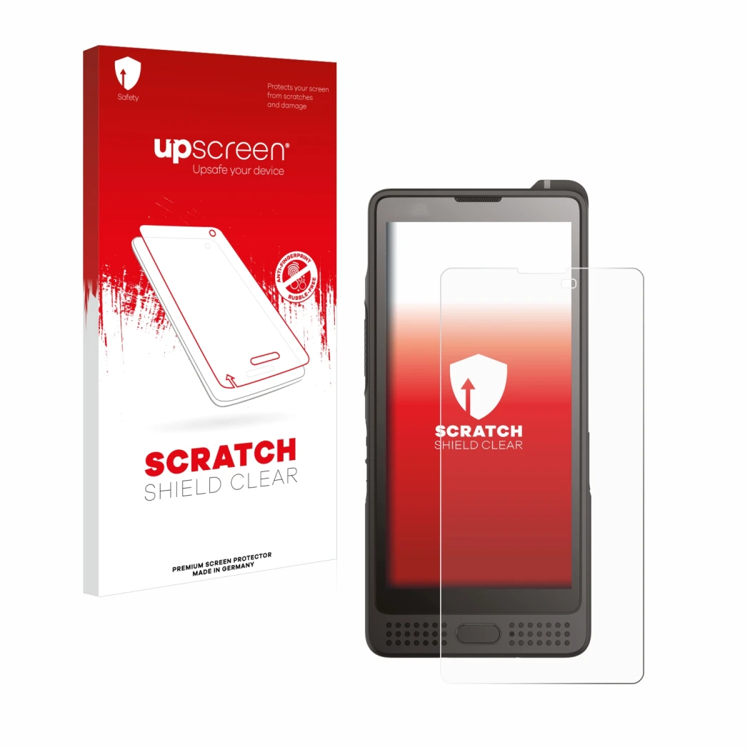 Parte frontal de un envase de producto con el logotipo de la marca upscreen. Al lado se muestra el dispositivo Sonim XP10 con 