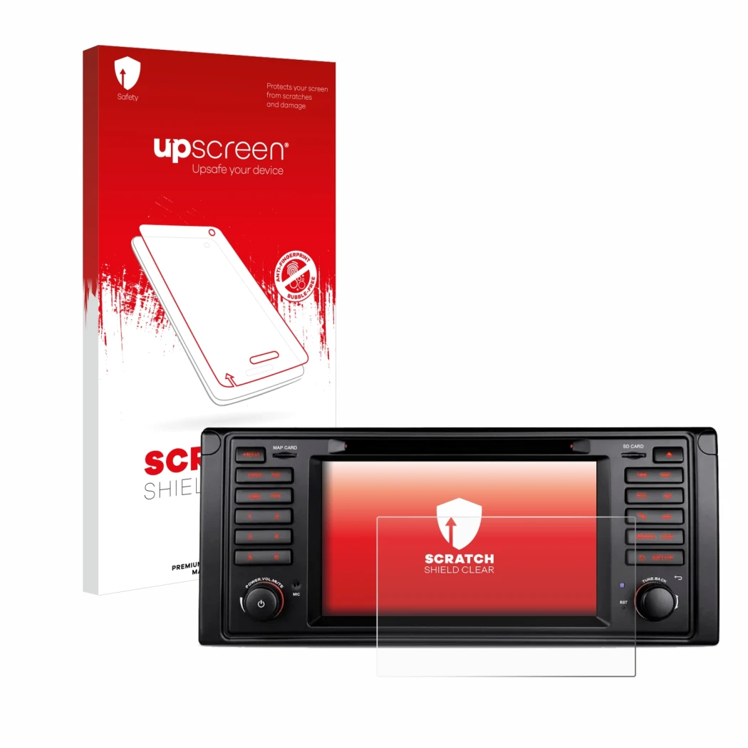 Parte frontal de un envase de producto con el logotipo de la marca upscreen. Al lado se muestra el dispositivo Xtrons IQ7039B