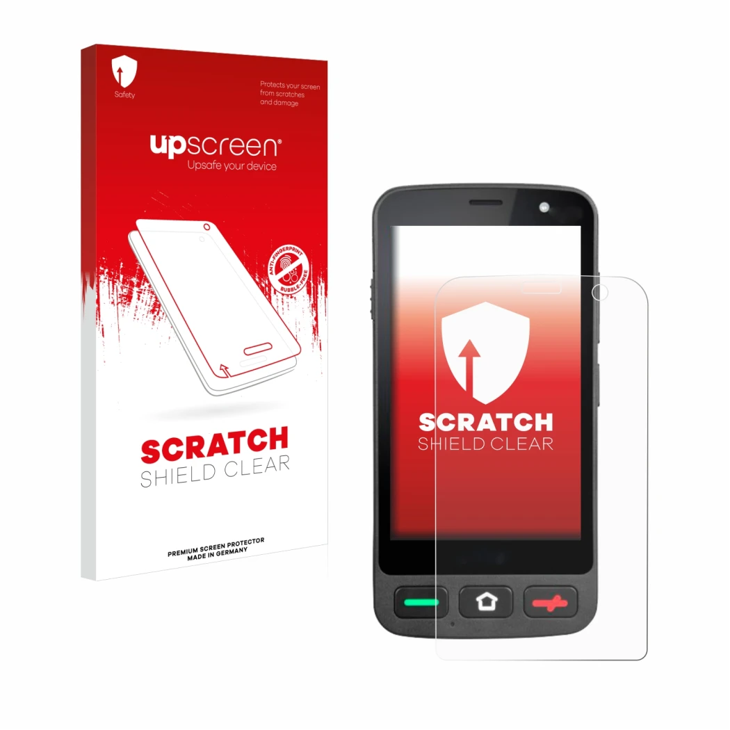 Parte frontal de un envase de producto con el logotipo de la marca upscreen. Al lado se muestra el dispositivo Brondi Amico Po