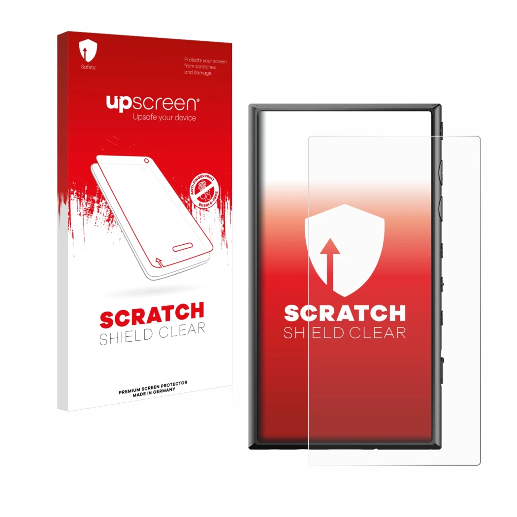 Parte frontal de un envase de producto con el logotipo de la marca upscreen. Al lado se muestra el dispositivo Sony Walkman NW