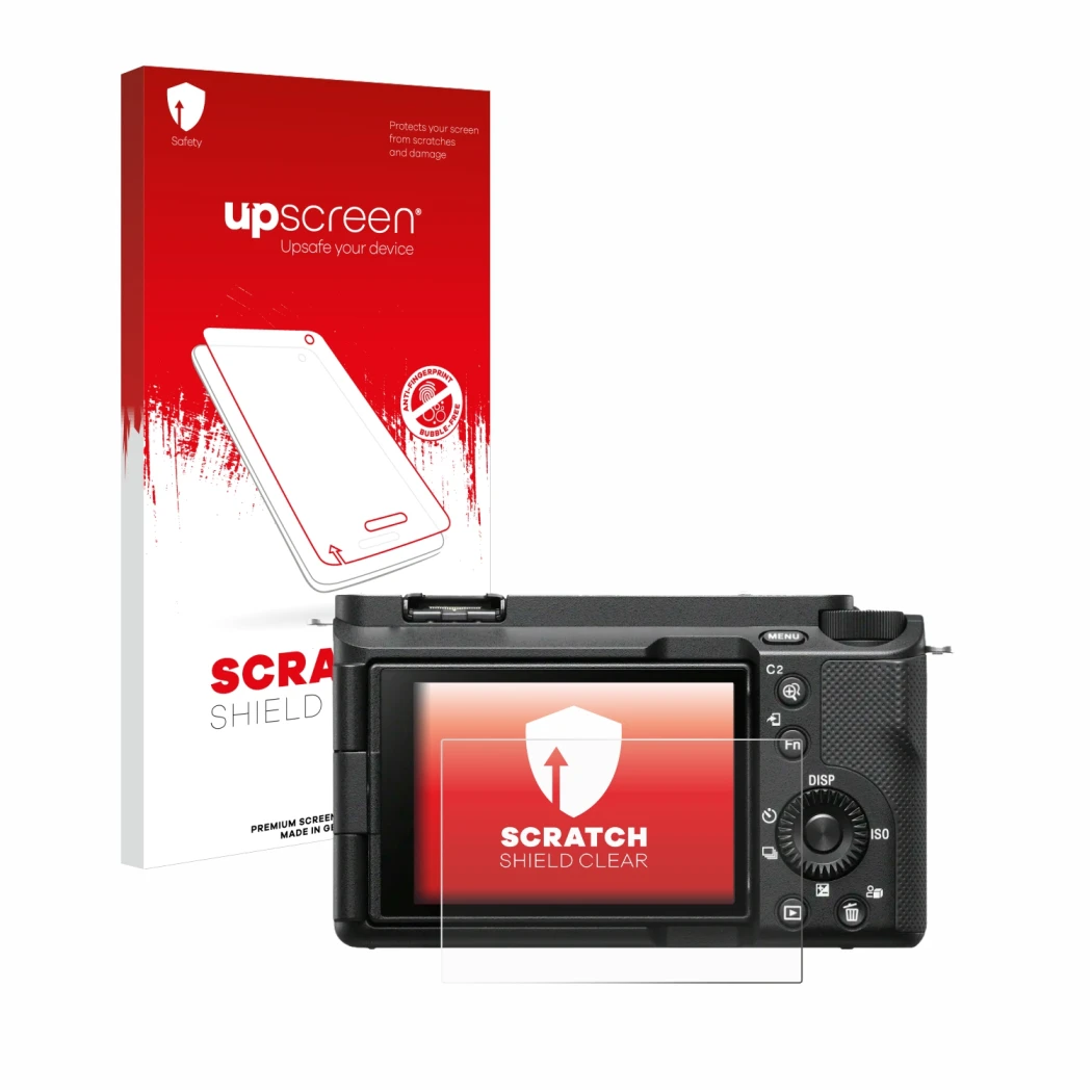 Parte frontal de un envase de producto con el logotipo de la marca upscreen. Al lado se muestra el dispositivo Sony Alpha ZV-E