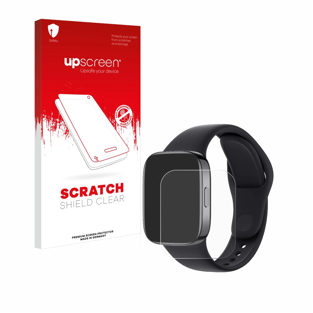 Parte frontal de un envase de producto con el logotipo de la marca upscreen. Al lado se muestra el dispositivo Xiaomi Redmi Wa
