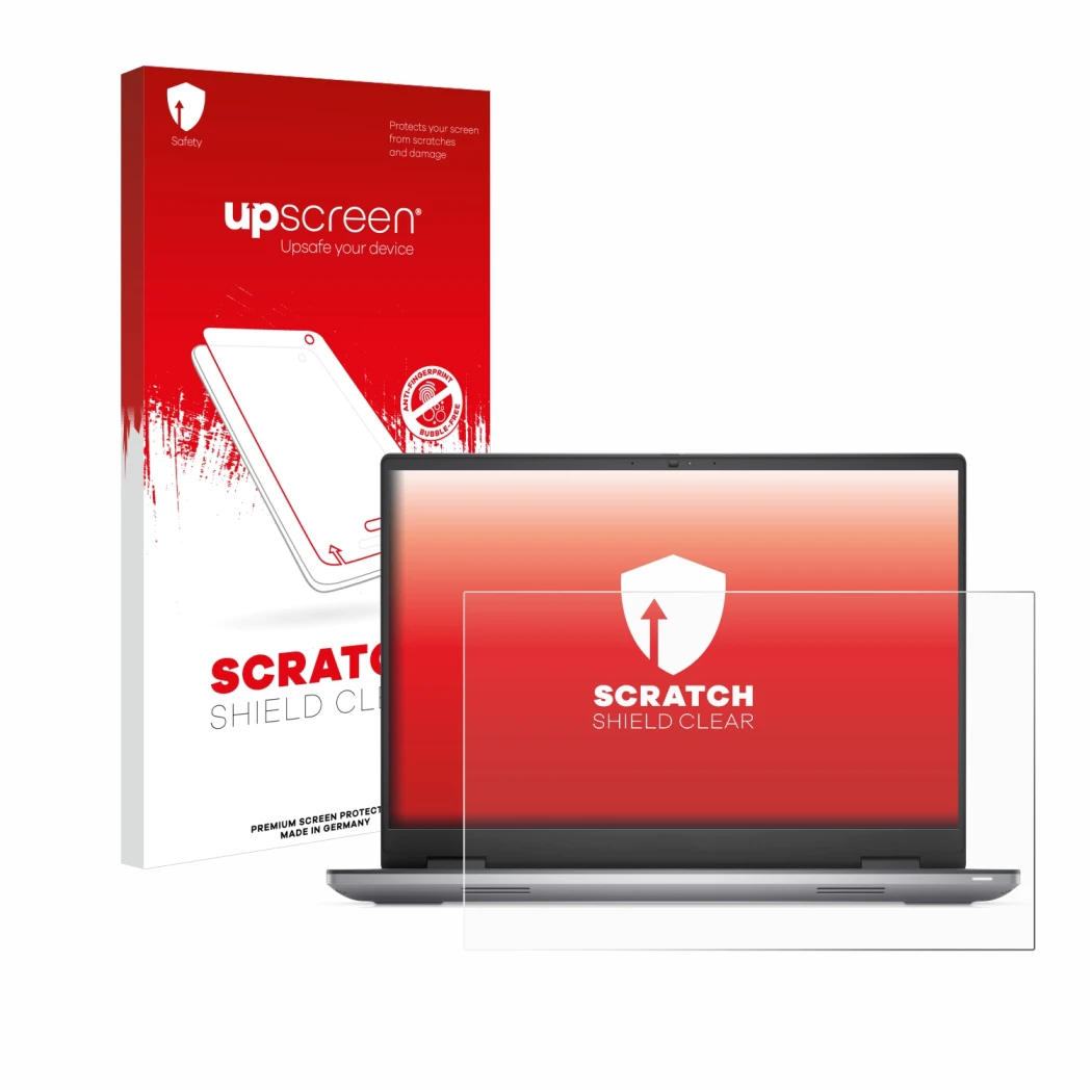 Parte frontal de un envase de producto con el logotipo de la marca upscreen. Al lado se muestra el dispositivo Dell Precision