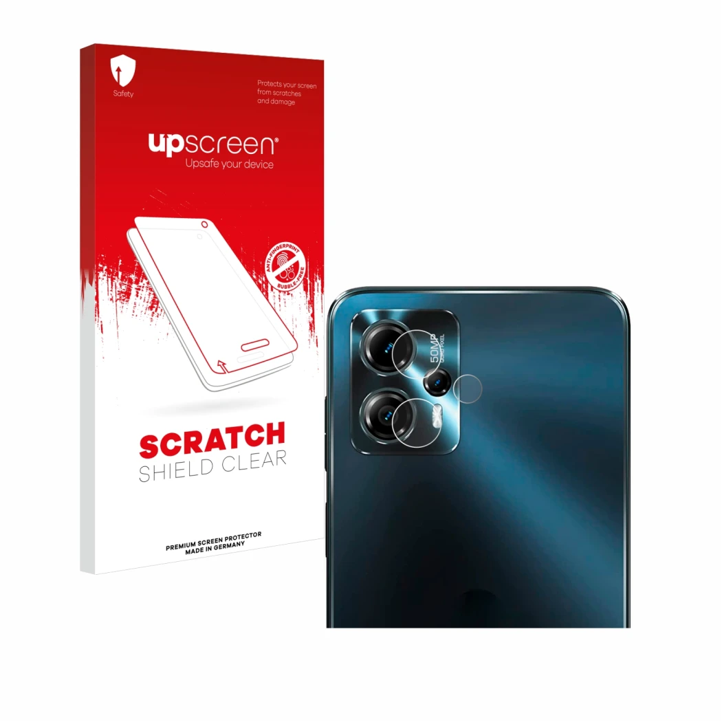 Parte frontal de un envase de producto con el logotipo de la marca upscreen. Al lado se muestra el dispositivo Motorola Moto G