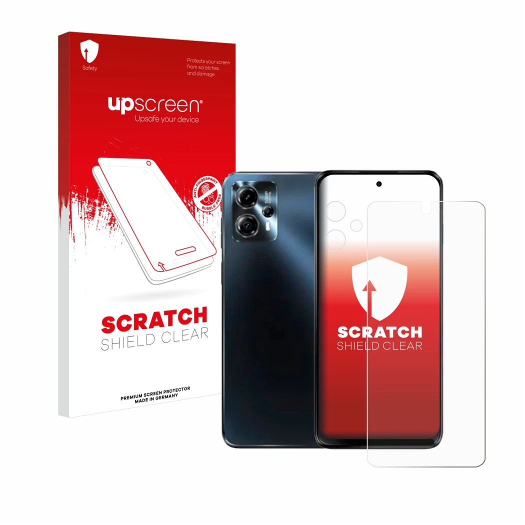 Parte frontal de un envase de producto con el logotipo de la marca upscreen. Al lado se muestra el dispositivo Motorola Moto G