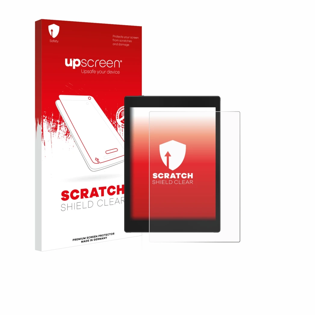 Parte frontal de un envase de producto con el logotipo de la marca upscreen. Al lado se muestra el dispositivo Boox Tab Mini C