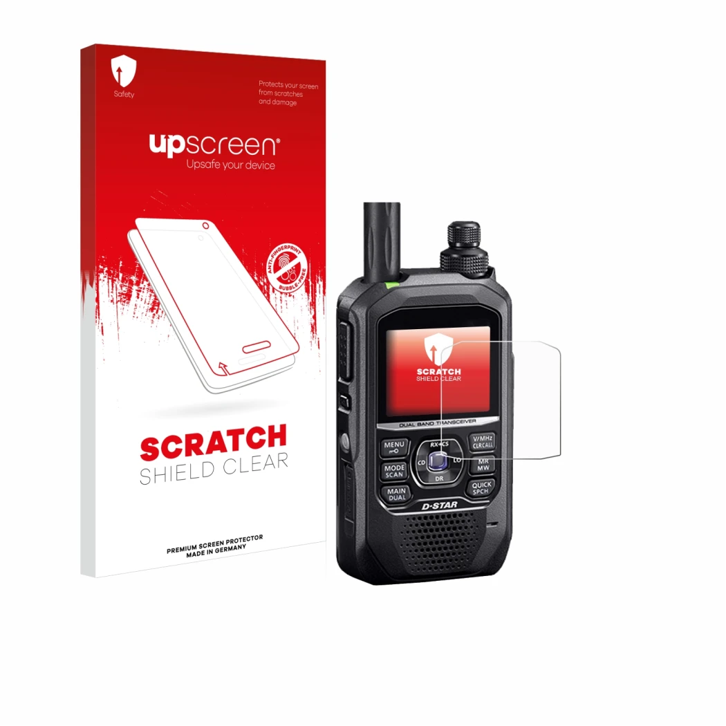 Parte frontal de un envase de producto con el logotipo de la marca upscreen. Al lado se muestra el dispositivo Icom ID-50E con