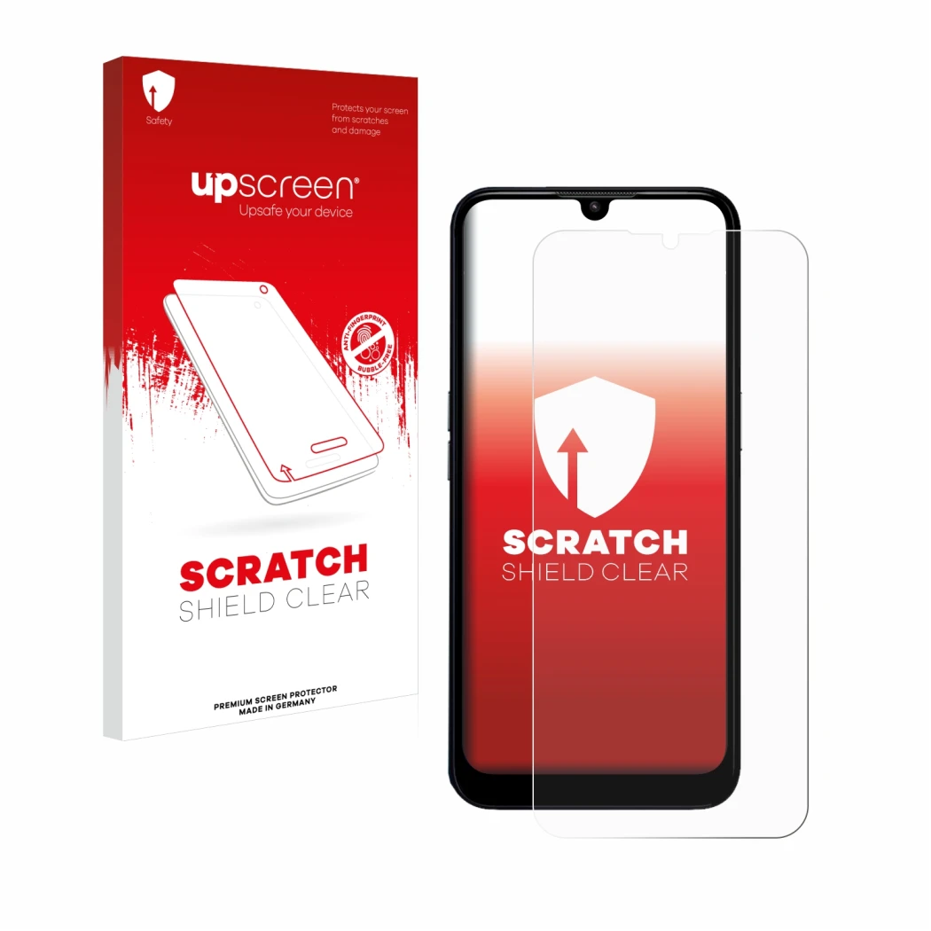 Parte frontal de un envase de producto con el logotipo de la marca upscreen. Al lado se muestra el dispositivo Doro 8200 con s