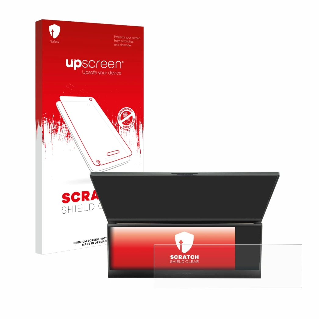 Parte frontal de un envase de producto con el logotipo de la marca upscreen. Al lado se muestra el dispositivo ASUS ROG Zephyr