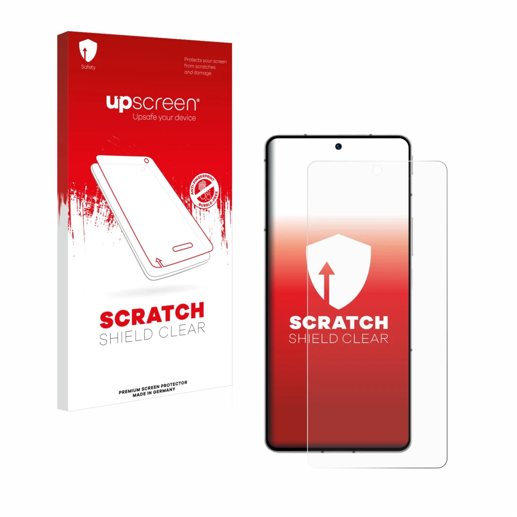 Parte frontal de un envase de producto con el logotipo de la marca upscreen. Al lado se muestra el dispositivo ZTE Nubia Z50S