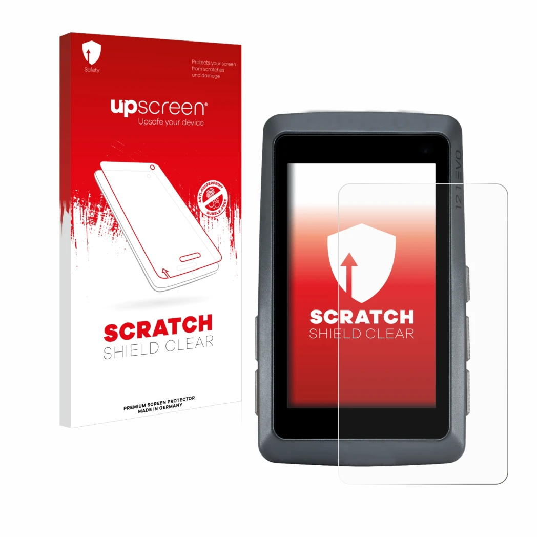 Parte frontal de un envase de producto con el logotipo de la marca upscreen. Al lado se muestra el dispositivo Sigma ROX 12.1