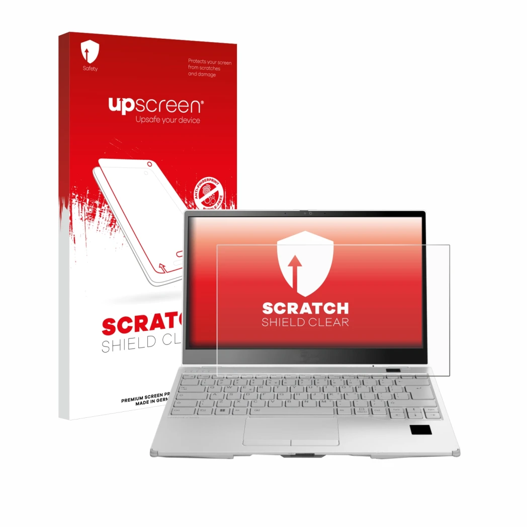 Parte frontal de un envase de producto con el logotipo de la marca upscreen. Al lado se muestra el dispositivo Fujitsu Lifeboo