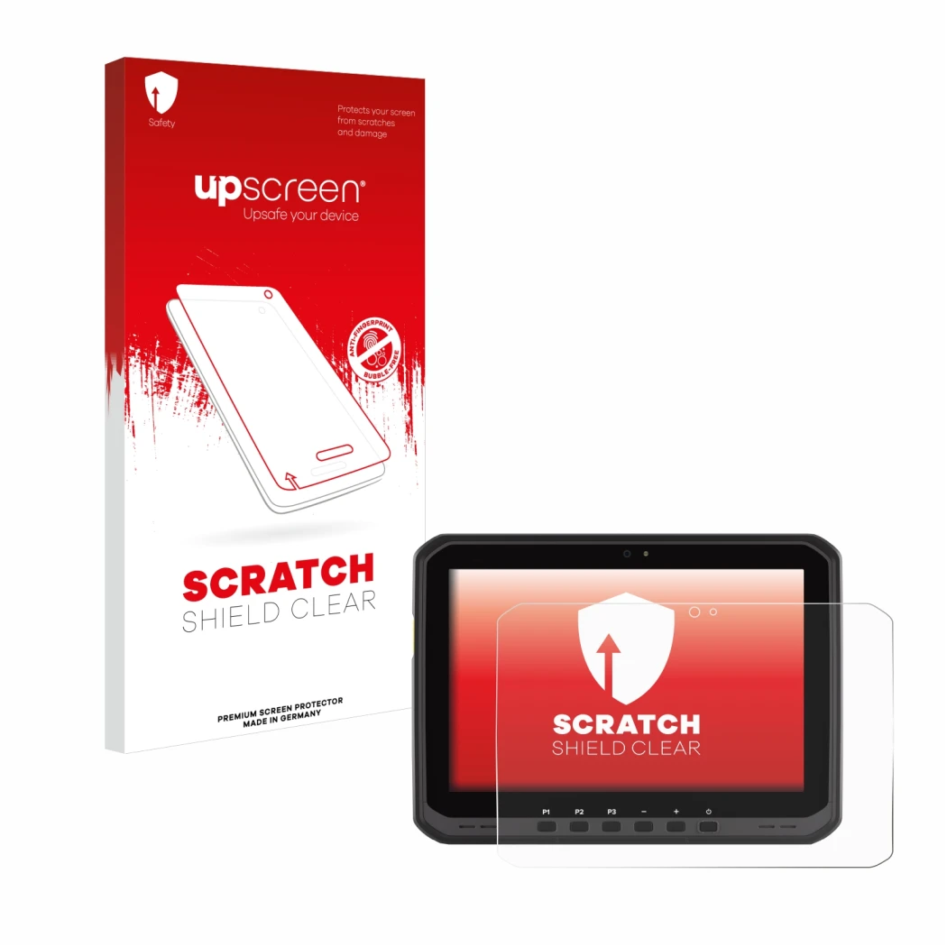Parte frontal de un envase de producto con el logotipo de la marca upscreen. Al lado se muestra el dispositivo Zebra ET60 con 