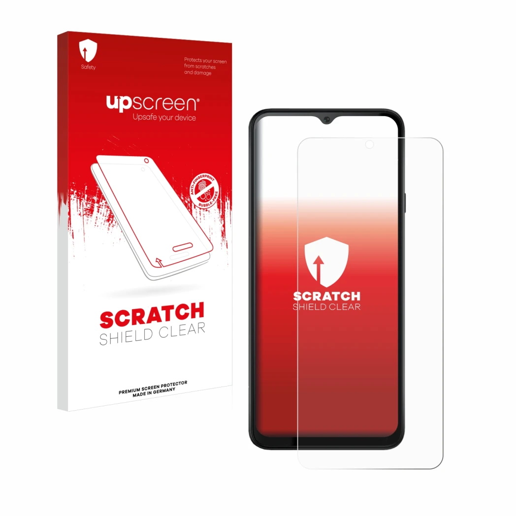 Parte frontal de un envase de producto con el logotipo de la marca upscreen. Al lado se muestra el dispositivo Cubot Note 50 c