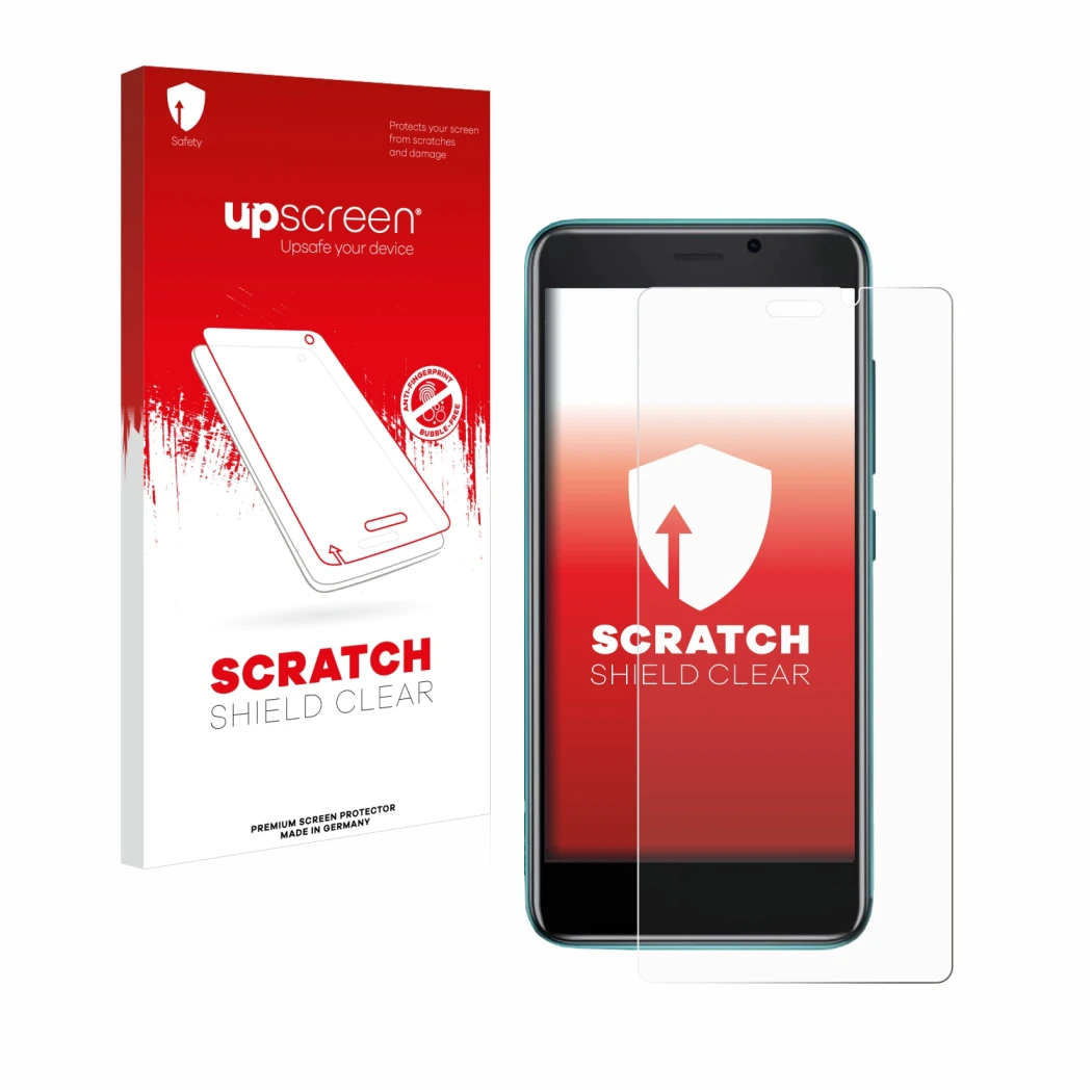Parte frontal de un envase de producto con el logotipo de la marca upscreen. Al lado se muestra el dispositivo Cubot J 20 con