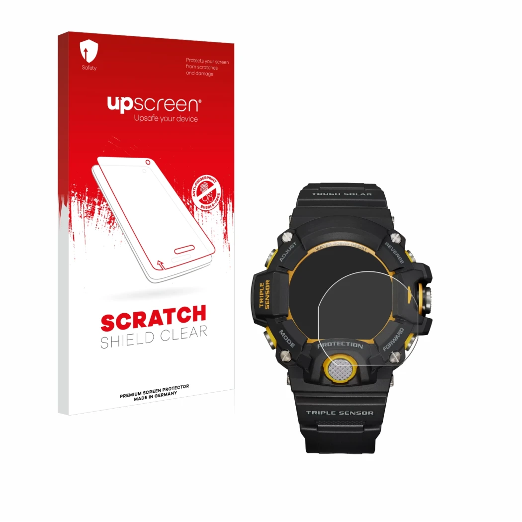 Parte frontal de un envase de producto con el logotipo de la marca upscreen. Al lado se muestra el dispositivo Casio G-Shock G