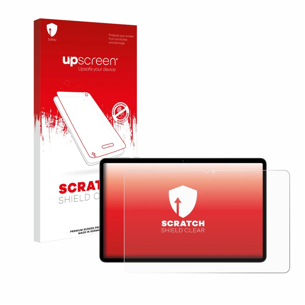 Parte frontal de un envase de producto con el logotipo de la marca upscreen. Al lado se muestra el dispositivo Honor Pad X9 co