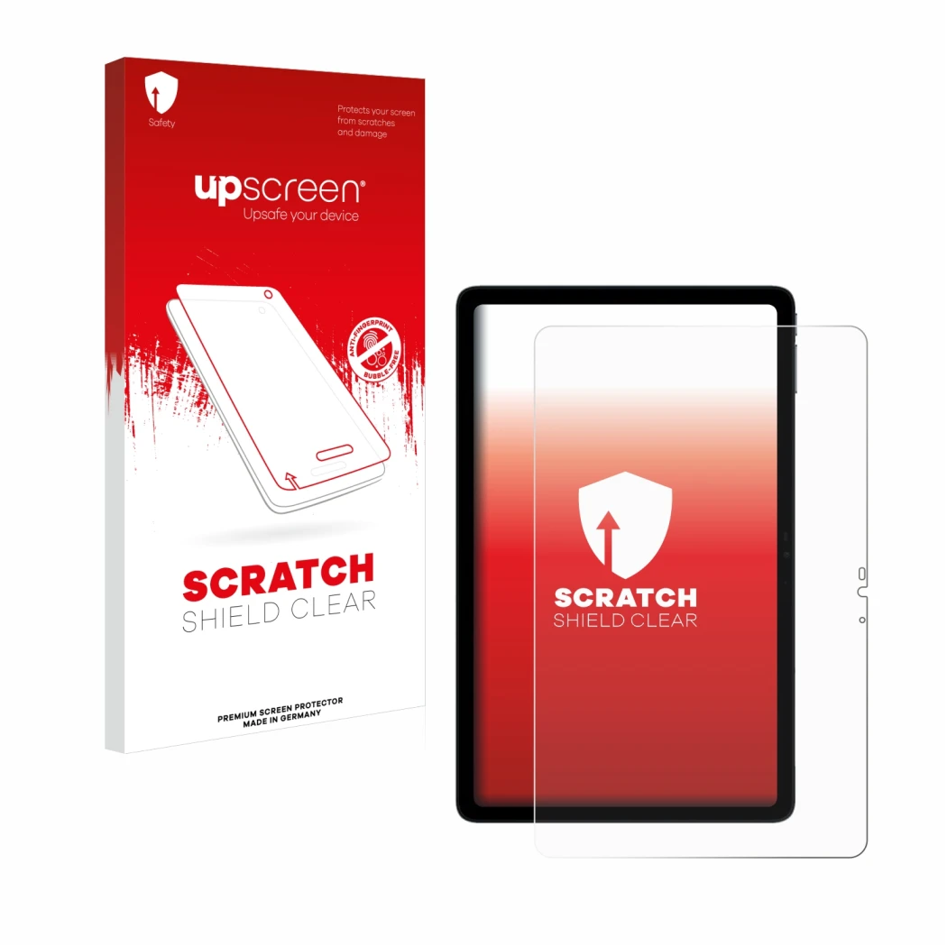 Parte frontal de un envase de producto con el logotipo de la marca upscreen. Al lado se muestra el dispositivo Doogee T20s con