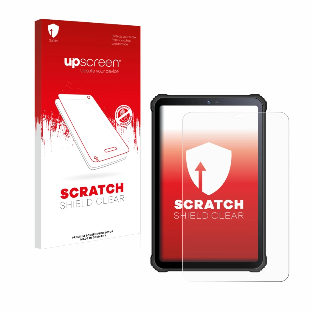 Parte frontal de un envase de producto con el logotipo de la marca upscreen. Al lado se muestra el dispositivo Oukitel RT3 con